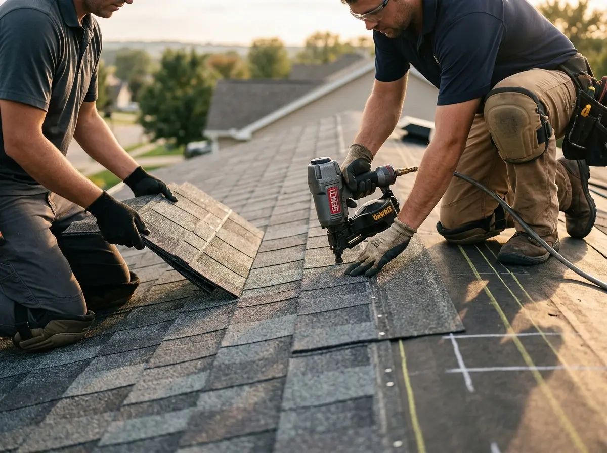 Professional roofer working on a residential roof in Skiatook